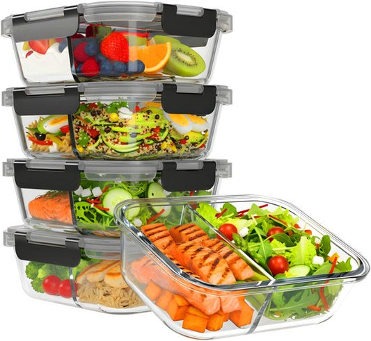 KitchenBrothers Meal Prep Trays Set - With Separation - Glass Food Storage Trays - Two Compartments - Airtight - BPA Free - Freezer Trays - Storage Trays - 5L - Glass - 5 Pieces