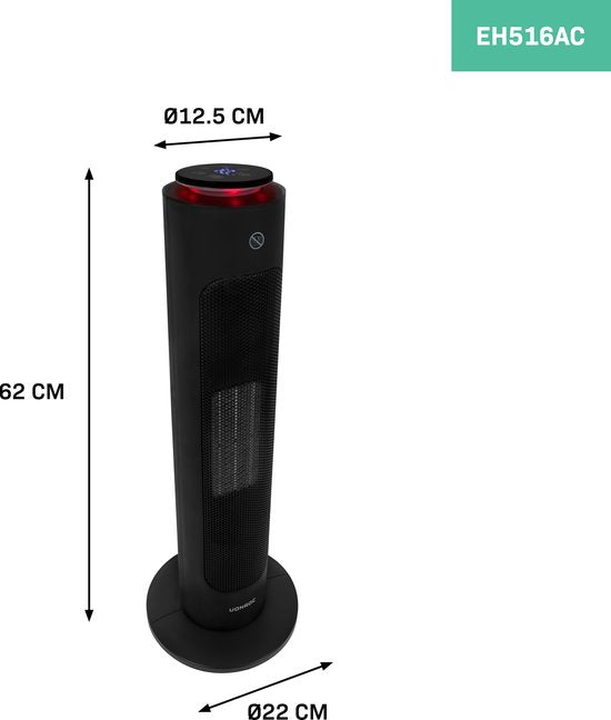VONROC Luxe chauffage électrique - chauffage soufflant - 1300W/2000W - contrôle par App (via Wifi) et manuel - modèle tour - céramique - Mode AUTO - fonction swing - thermostat et minuterie - 20m2 - Télécommande incluse.