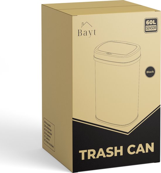 Bayt Poubelle - Poubelle 60 litres - Poubelle avec capteur - Poubelle - Corbeille - Métal - Noir