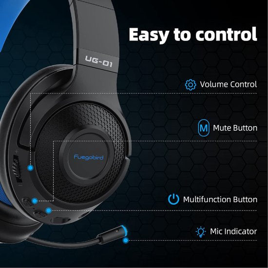 Fuegobird UG-01 2,4GHz Casque de jeu sans fil - Casque Bluetooth - Multiplateforme - Convient pour PS4/PS5, Nintendo Switch - Noir Bleu
