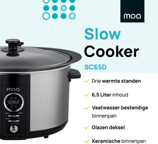Mijoteuse MOA avec minuterie - 6,5L - Ø 24,5cm - Cuve intérieure en aluminium - Couvercle transparent - 3 niveaux de température - Lavable au lave-vaisselle - Sans BPA - acier inoxydable