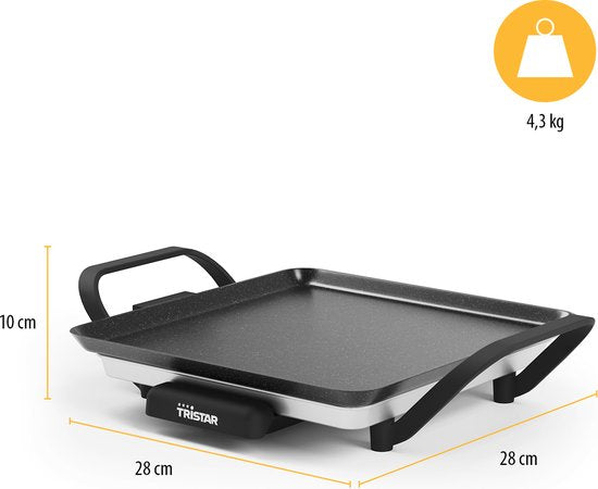 Plaque de cuisson Tristar - BP-2666 - Gourmet, plaque de grill S 28 x 28 cm - 2 personnes - 800 W - Thermostat réglable - Adaptée au camping