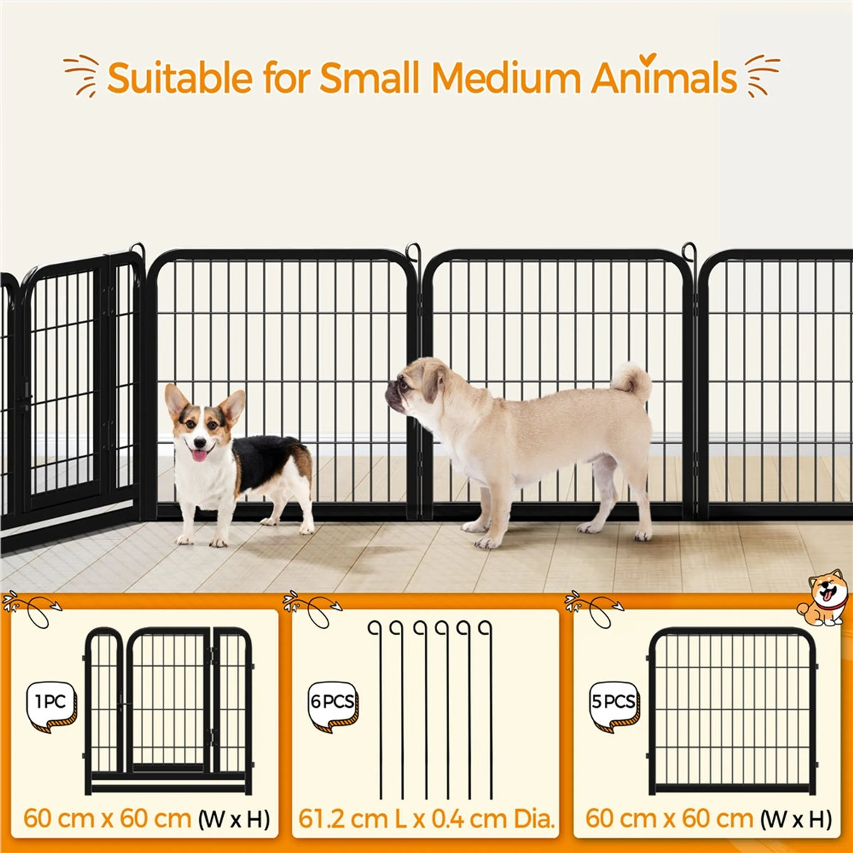 Enclos pliable pour chiens et chiots Yaheetech, 6 pièces, avec porte et piquets de fixation, hauteur 60,5 cm – Noir – Métal