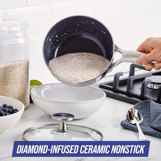 Batterie de cuisine Tri-Ply en acier inoxydable céramique antiadhésive 16 cm / 1,2 L avec couvercle, Tri-Ply, sans PFAS, multicouches, induction, lavable au lave-vaisselle, va au four, argenté