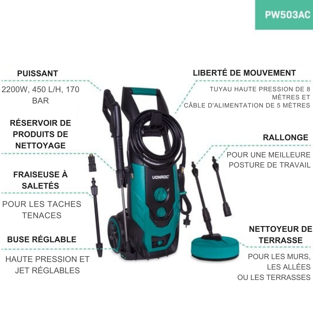 Nettoyeur haute pression VONROC - V22-2 2200W - 170 bar - 450 l/h - avec tuyau de 8 m - nettoyeur de terrasse - Vert et noir