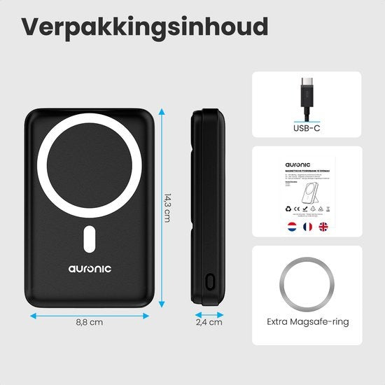 Auronic Powerbank - 10 000 mAh - 22,5W - Chargeur rapide pour iPhone 12/13/14/15 - Chargement magnétique et sans fil - Noir