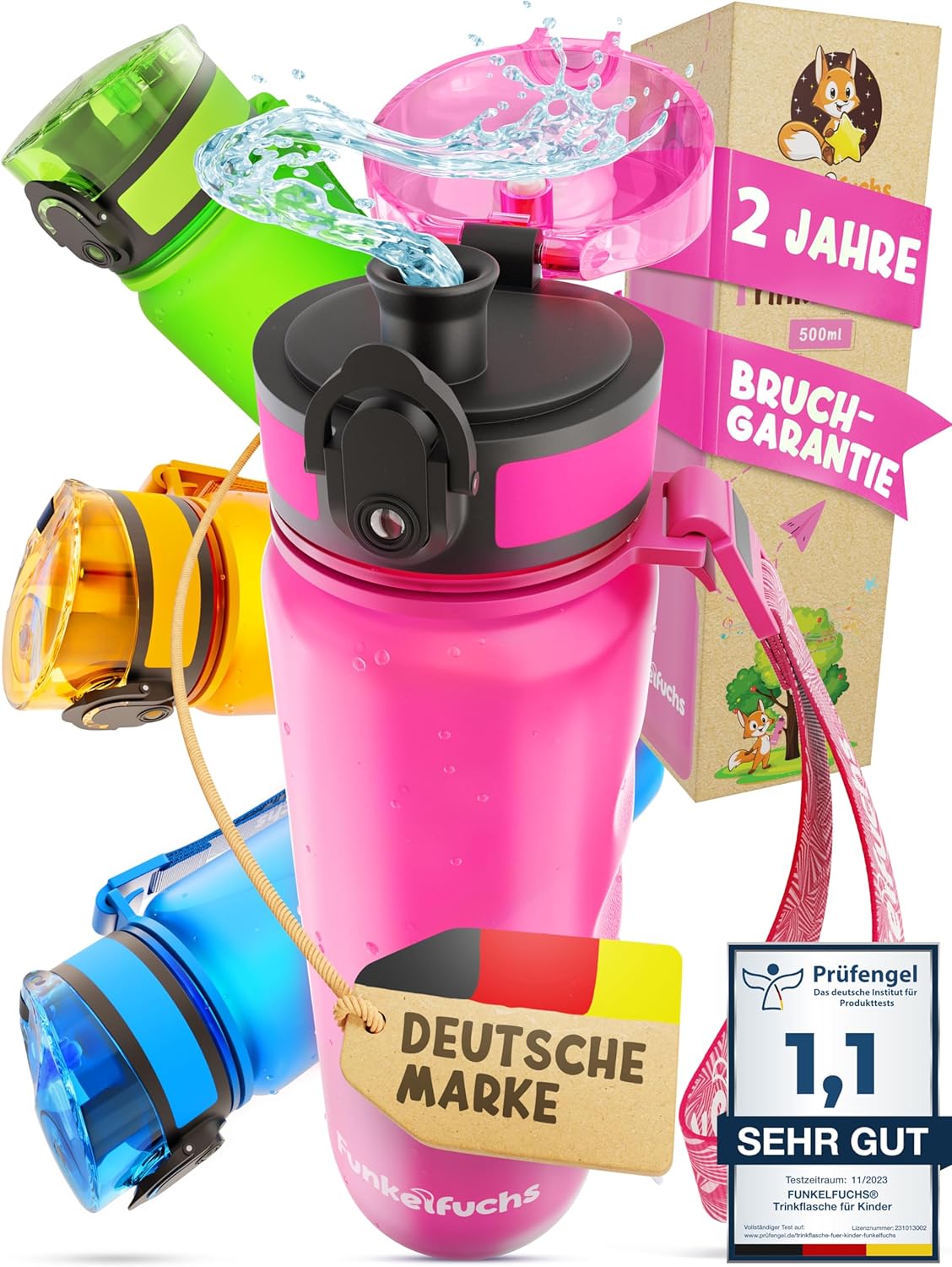 Funkelfuchs® gourde pour enfants - 500ml, rose - gazeuse - 100% étanche - bouteille d'eau lavable au lave-vaisselle - pour la maternelle, l'inscription à l'école, l'école, le sport
