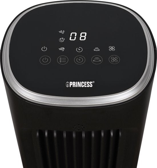 Ventilateur sur pied Princess DC 101 cm – Ultra silencieux – 12 vitesses – Oscillation – Minuterie 1 à 8 heures – Avec télécommande – Ventilateur sur pied – 50 W – Noir – 352390
