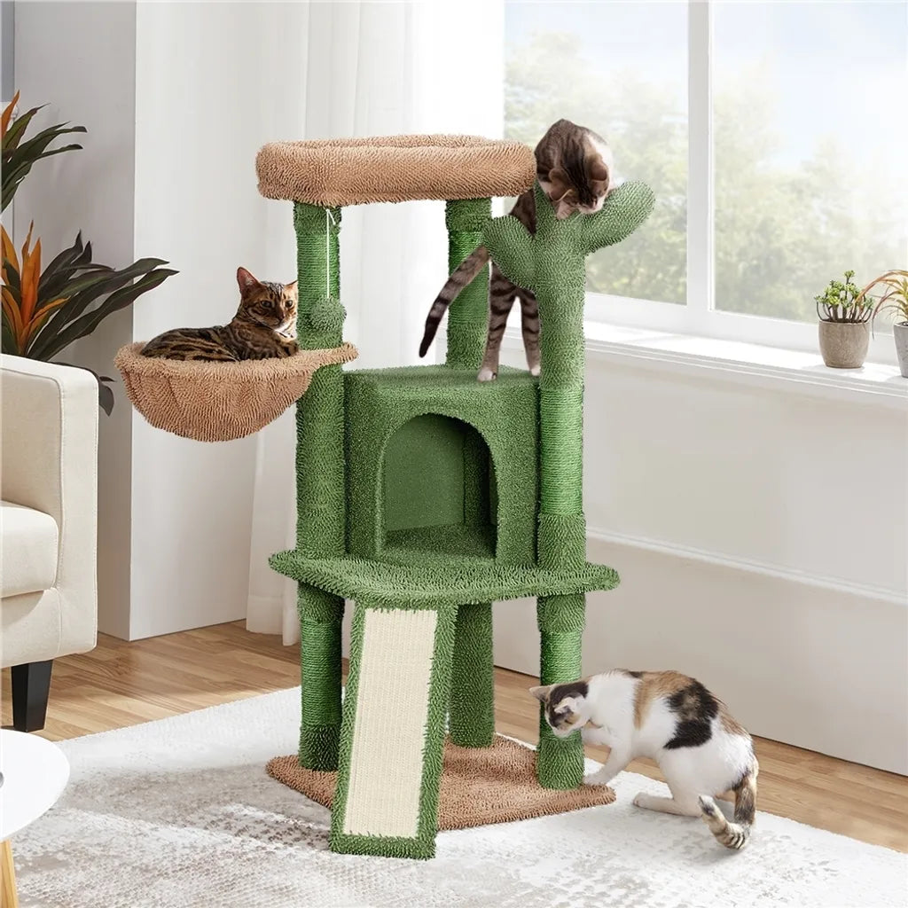 Yaheetech Arbre à chat « Kaktus » XS 42,5 x 42,5 x 106,5 cm - Vert/Marron - Arbre à chat avec maison, panier suspendu et poteaux en sisal