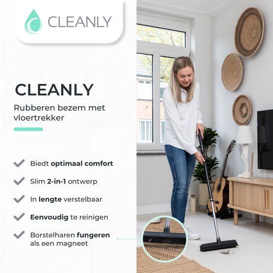 CLEANLY Balai en caoutchouc avec raclette - Balai de barbier - Balai doux intérieur et extérieur - télescopique 114-142 cm - Brosse avec manche - Balai d'intérieur - Largeur 34 cm - Noir, Gris
