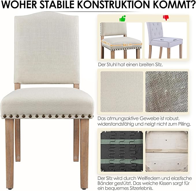 Yaheetech - Lot de 2 chaises de salle à manger rembourrées avec pieds en bois - Beige - Poids max. : 136 kg