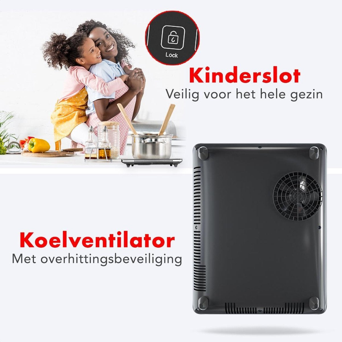 Table de cuisson - KitchenBrothers - Induction - 1 brûleur - pose libre - 2000W - Noir