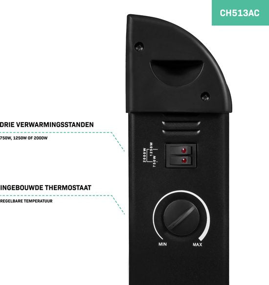 VONROC Chauffage électrique - Convecteur - 3 réglages : 750W/1250W/2000W - Thermostat réglable - Chauffe les pièces jusqu'à 24m2 - Boîtier très robuste - Silencieux - Noir