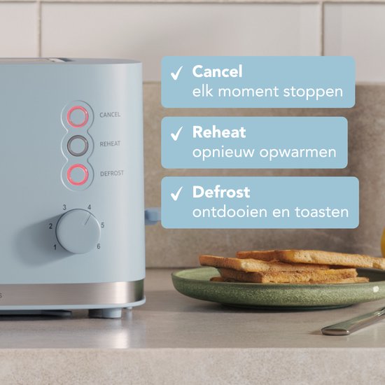 KitchenBrothers Toaster - Grille-pain - 6 niveaux de chaleur réglables - 2 fentes extra-larges - 870W - Bleu pastel