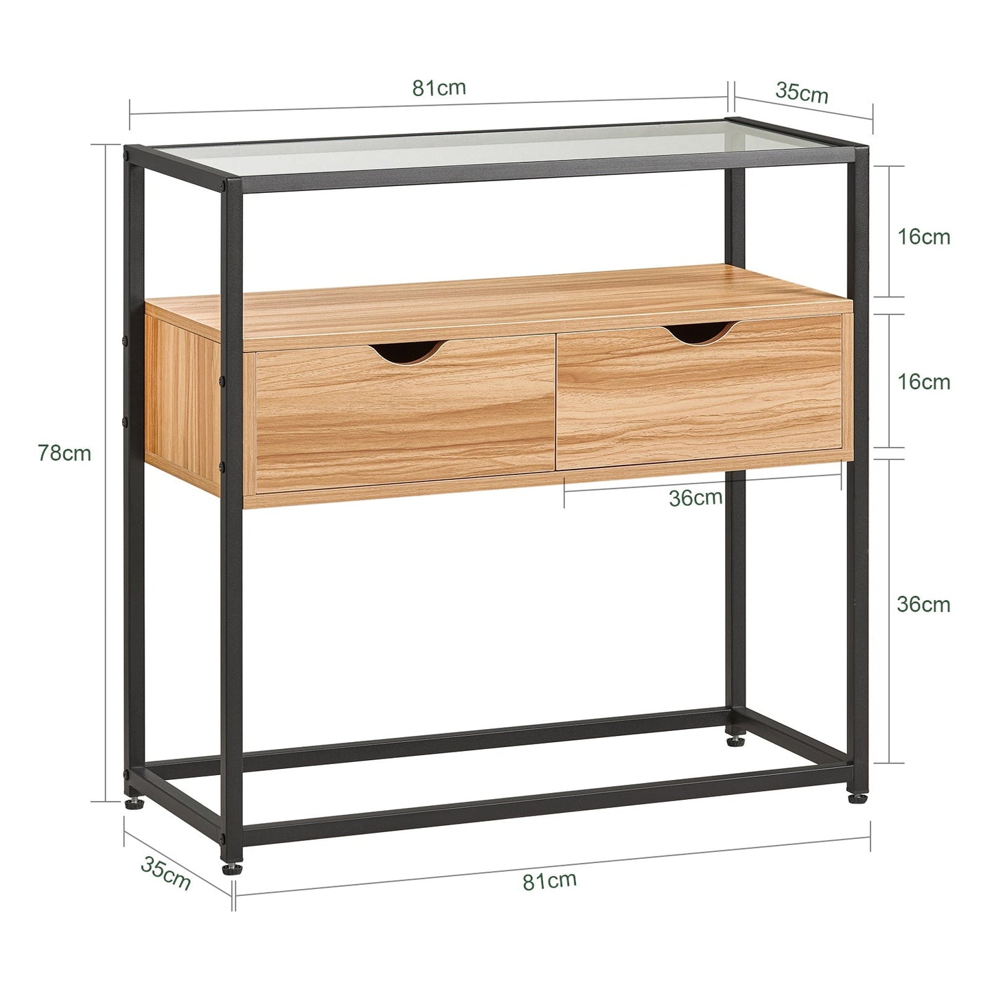 SoBuy Table d'appoint avec plateau en verre - Avec 2 tiroirs - Max. 40 kg - 81 x 35 x 78 cm - Bois/ Fer