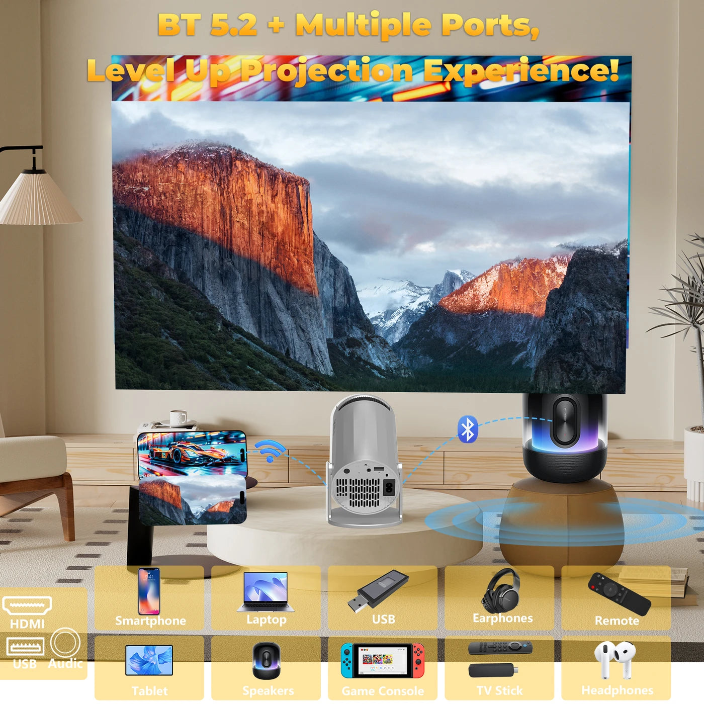 Mini-projecteur portable XBJ, couleur argent, 14 x 12 x 21,8 cm - Wi-Fi 6 et Bluetooth 5.2 - Android 11 - Décodage 1080p et 4K - Orientable à 180° - 200 lumens ANSI