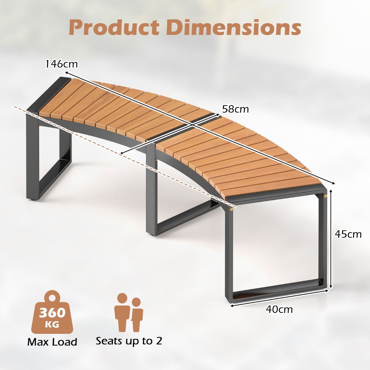 Banc de terrasse Coast en bois d'acacia courbé - Banc pour 2 personnes - 146 x 58 x 45 cm - Jaune/Noir