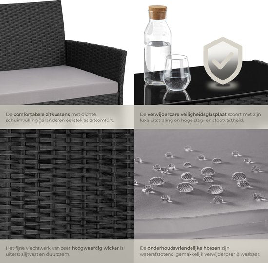 tectake® - Ensemble de jardin en osier Palese - Groupe de sièges pour 4 personnes - Ensemble de meubles de jardin avec banc de salon, table de jardin et 2 chaises de jardin, y compris les coussins d'assise - Meubles de jardin - Résistant à l'eau - Noir