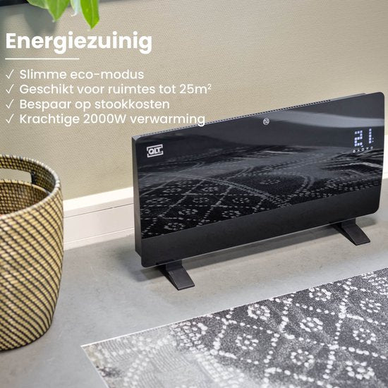 QLT Panneau chauffant en verre incurvé - Chauffage électrique avec App Control - Chauffage de salle de bain avec thermostat et antigel - 2000 Watts - Noir