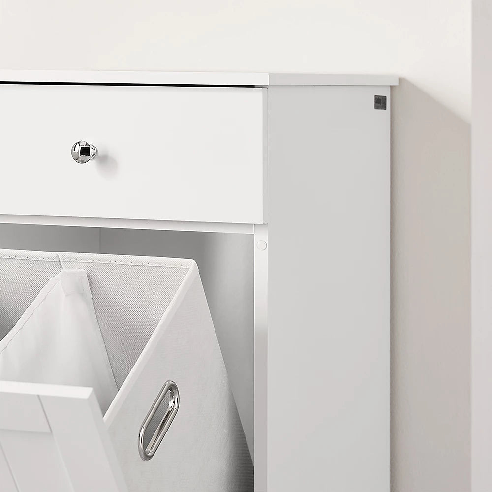 Armoire de salle de bains Sobuy avec panier à linge – Équipée d’un panier à linge amovible, d’une porte et d’un tiroir coulissant – Pour salle de bains et buanderie – MDF laqué blanc – 40 x 38 x 90 cm