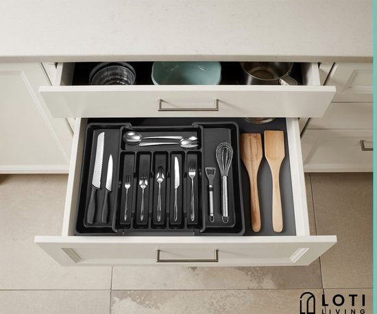 Loti Living Range-couverts - Organisateur coulissant pour tiroir à couverts - Plastique - Noir - Réglable de 33,3 à 56,7 cm de large - 38 cm de profondeur