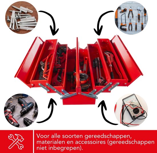 Toolland Boîte à outils, métal, pliable, 5 compartiments, rouge, 530 x 200 x 200 mm