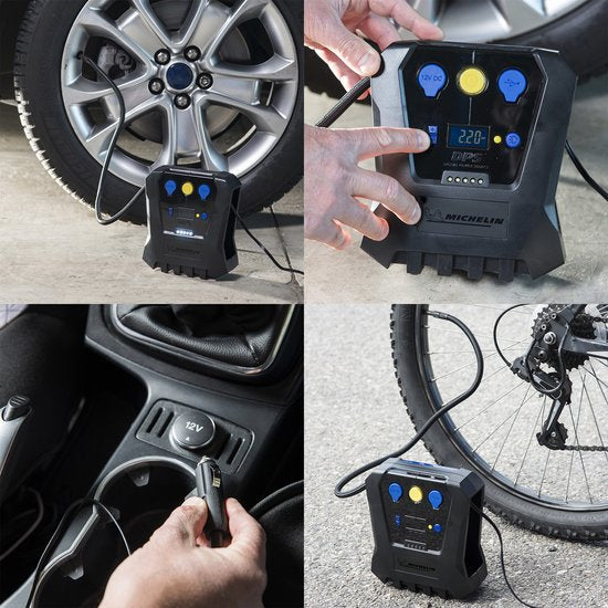 Pompe à air Michelin Compressor 12 V - Pression réglable (0,05-7 bar) - Avec port USB - Pompe à air électrique - Vélo/voiture/moto/ballon/matelas gonflable - Avec divers embouts