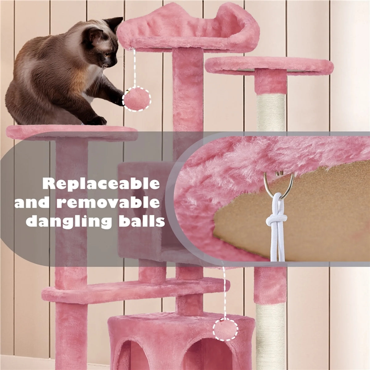 Yaheetech Cat Post avec 3 plateformes d'observation - équipé de 2 paniers pour chats, de poteaux en sisal et d'une balle de jeu avec cloche - pour les foyers avec plusieurs chats - peluche rose et panneau de particules E1 - 49 x 49 x 139 cm