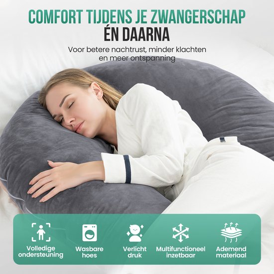 Coussin de grossesse Avalo XXL 280 cm - Coussin d'allaitement et de sommeil sur le côté en forme de U - Body Pillow - Coussin pour le corps - Gris foncé