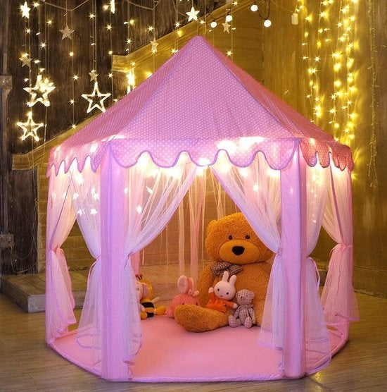 Château de princesse 55" x 53" - Tente de jeu - Salle de jeux pour filles - Salle de jeux pour enfants - Jeux d'intérieur et d'extérieur - Rose - Livrée avec éclairage LED