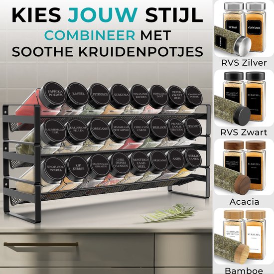 Soothe Spice Rack Standing and Hanging for 24 Spice Jars - 3 Layers - Spice Organiser - Spice Rack - Noir