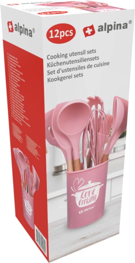 Ensemble d'ustensiles de cuisine Alpina avec support - 12 pièces - Ustensiles en silicone avec manche en bois - Rose