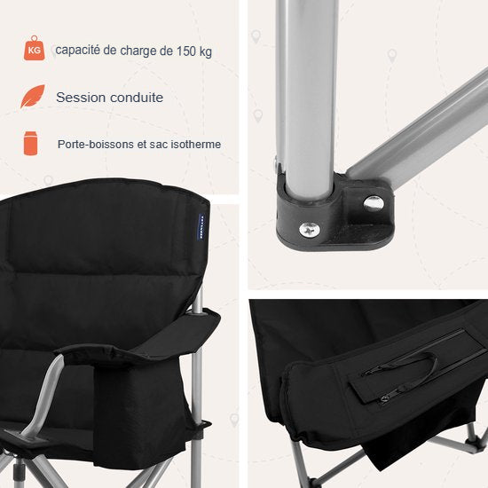TRVLMORE Chaise de camping - Pliable - Chaise pliante confortable - Capacité de charge de 150 kg - Porte-boisson - Compartiment pour glacière - Poche latérale - Noir