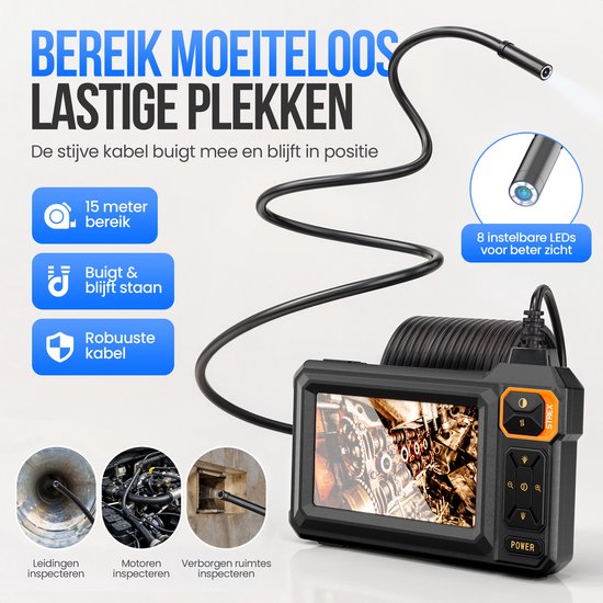 Endoscope Strex avec écran 15M - Caméra d'inspection - Caméra d'égout avec image HD - Étanche IP67 - Éclairage LED réglable
