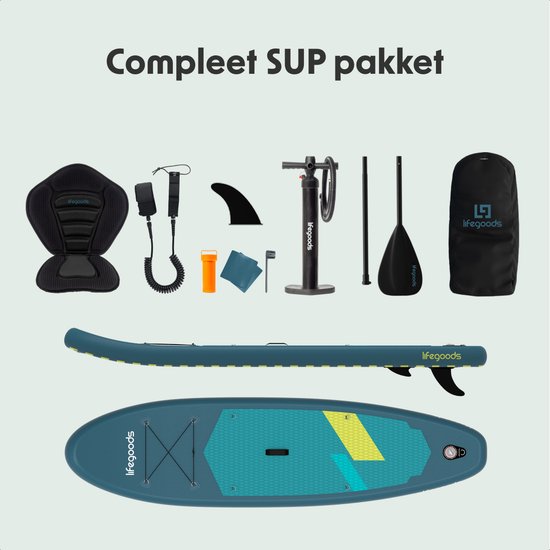 LifeGoods SUP Board All-round Compact - avec siège - capacité de charge de 100 KG - 300 x 76 cm - gonflable - ensemble complet de SUP - Cyan/Vert foncé