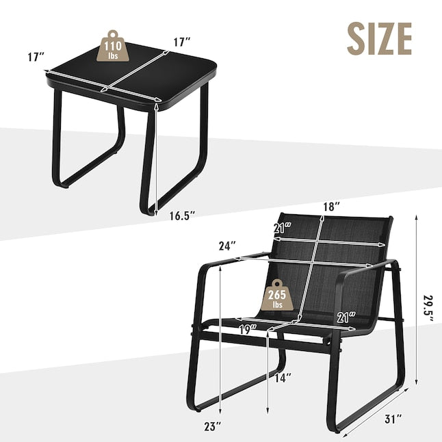 3-Piece Garden Furniture Set Balcony Set with 2 Chairs and Table - Black, Dimensions Chair 58x60x85 cm, Table 60x60x72 cm