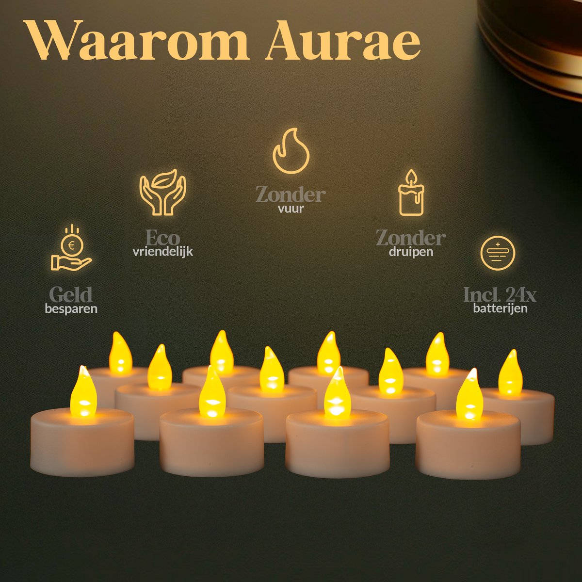Aurae Led Tea Lights 12x White - 3,7x3,8 cm - Piles incluses - 120+ heures de combustion