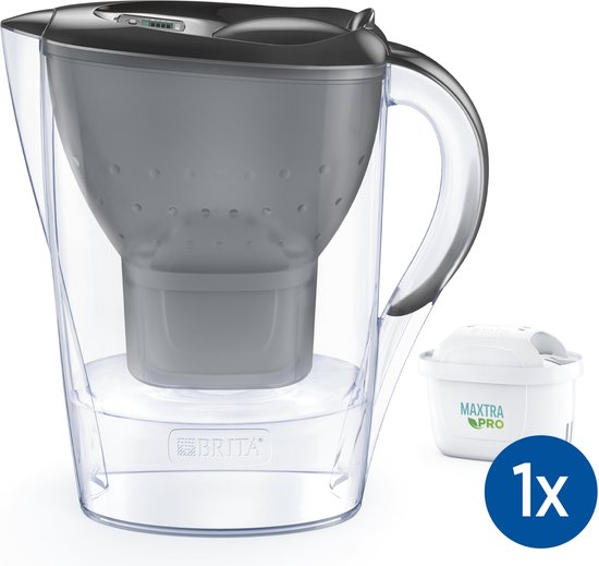 Carafe filtrante BRITA Marella Grise - 2,4 L – avec 1 cartouche filtrante MAXTRA PRO Pure Performance – Tient dans le réfrigérateur - Filtre l'eau potable pour éliminer le calcaire, le chlore, les PFAS, les herbicides, les pesticides et plus encore*