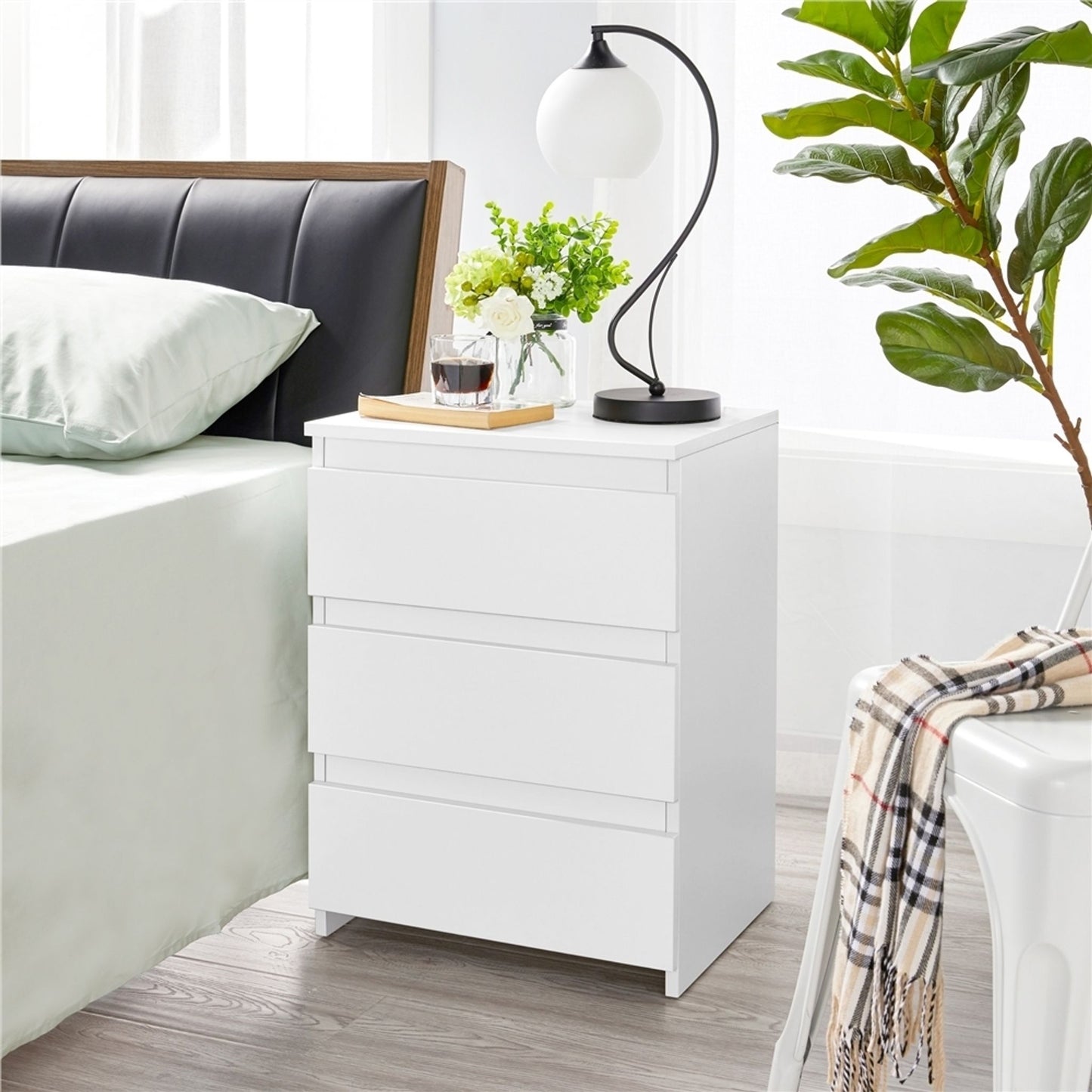 Yaheetech Table de chevet avec 3 tiroirs - Blanc - 45.5 x 35.5 x 60.5 cm