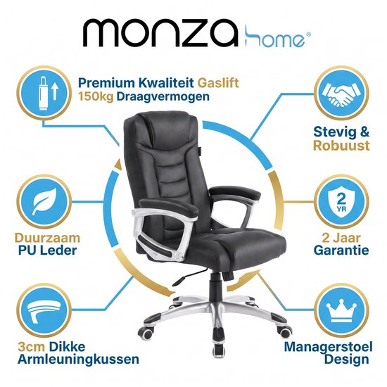 Fauteuil de bureau Monza Home® noir – Fauteuil de bureau ergonomique – Cuir PU – Réglable – Capacité de charge de 150 kg – Fauteuil de direction haut de gamme