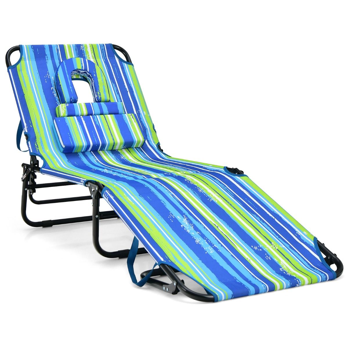 Chaise longue pliable avec ouverture au niveau du visage - Noir/Bleu/Couleur sable - 4 positions d'inclinaison - 160 kg - Avec 3 coussins