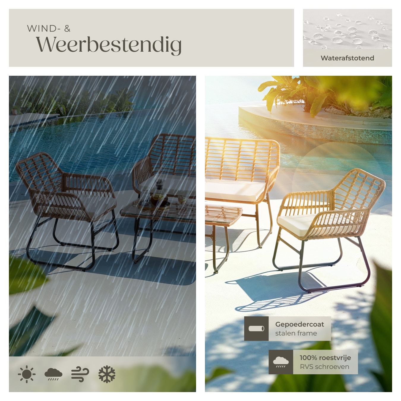 tectake Groupe de sièges en osier Molfetta XL 4 personnes - Canapé 119x68x79 cm, Chaises 57x68x79 cm, Table 91x45x42.5 cm