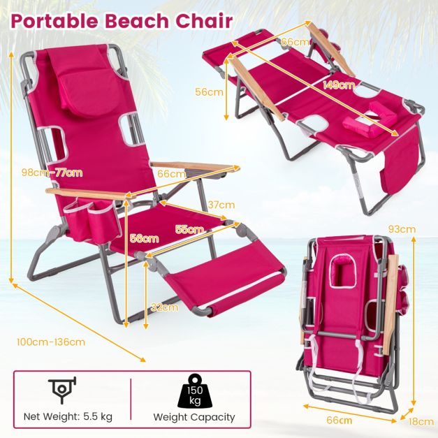 Chaise de plage pliable Coast 66 x 149 x 56 cm - 3-en-1 - Repose-pieds/ouverture au niveau du visage - Rouge rose