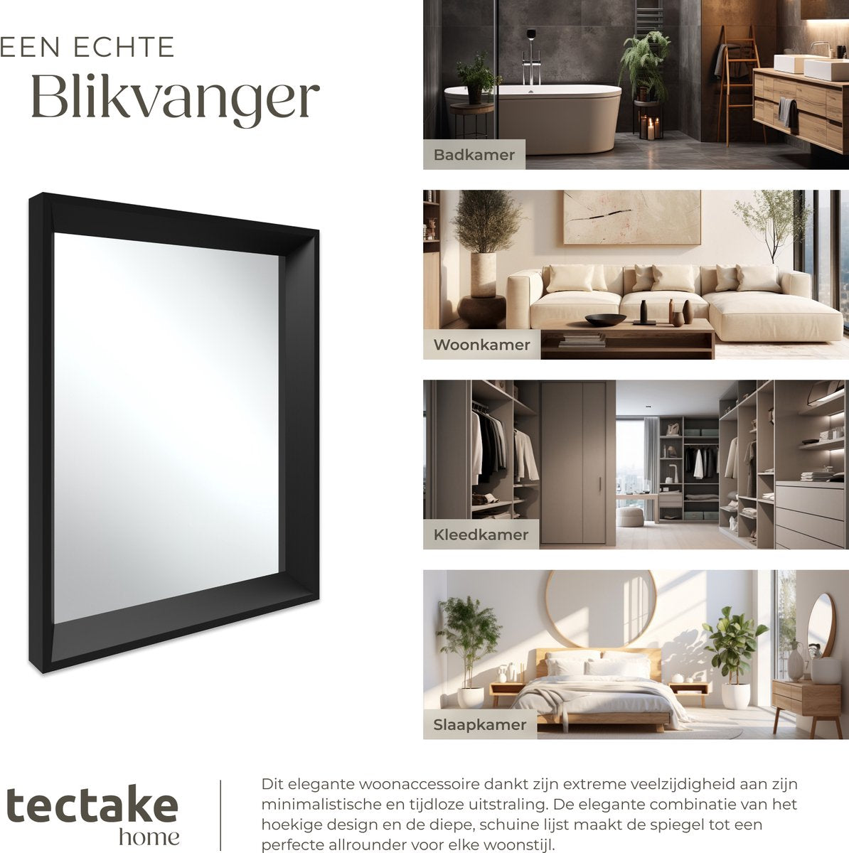 tectake® Miroir mural Elina - 40,6 x 50,8 cm - Noir - Cadre plastique rectangulaire