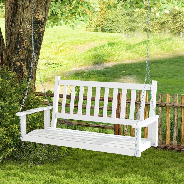 Banc suspendu Coast 3 places en bois – Balançoire de style hollywoodien en bois de peuplier massif avec chaînes réglables – jusqu'à 360 kg – Blanc