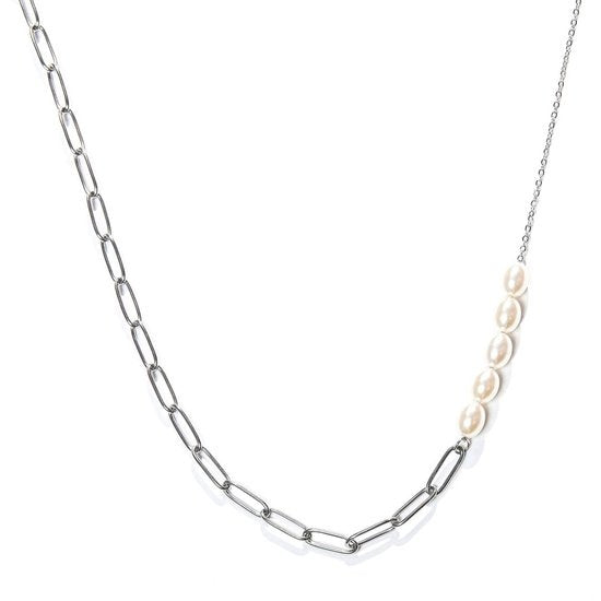 Laura Ferini Ladies Necklace Perla Silver - Chaîne à maillons asymétriques en argent avec perles - plaqué or blanc 18K - Collier - Collier - Bijoux - Accessoires - Collier pour dames avec perles