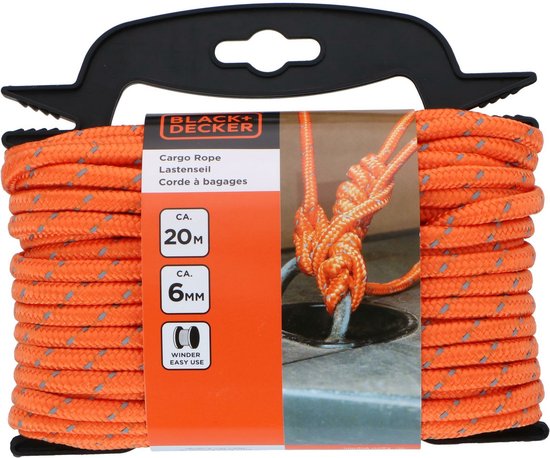 BLACK+DECKER Sangle d'arrimage avec rétracteur - Sangle d'arrimage 20 mètres - 6MM - Nylon - Orange