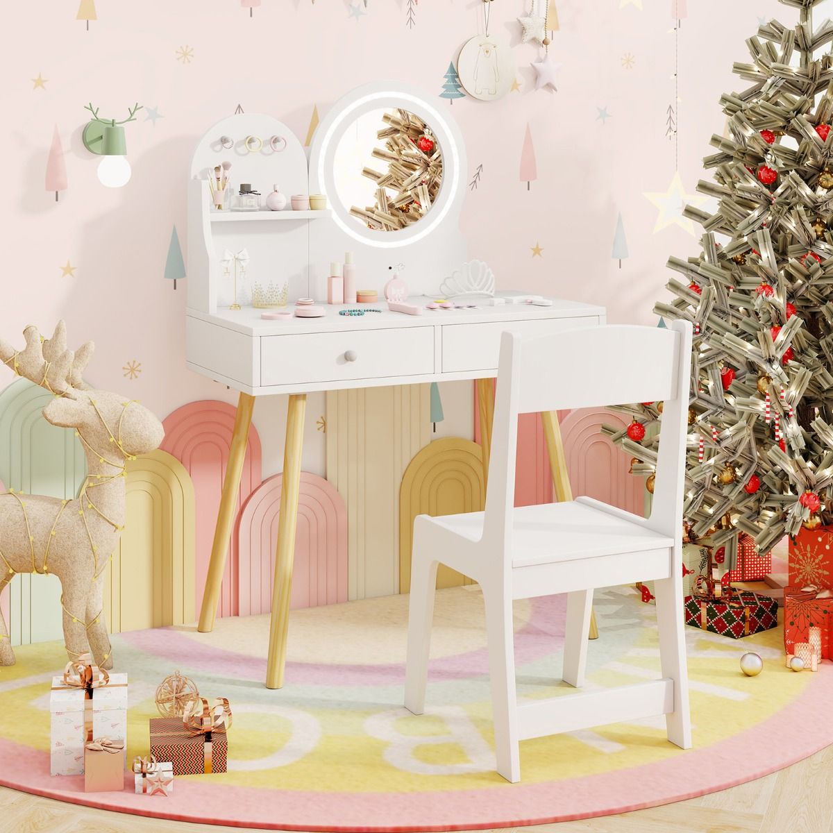 Ensemble de coiffeuse pour enfants Coast - miroir éclairé - espace de rangement avec tiroirs et crochets - blanc