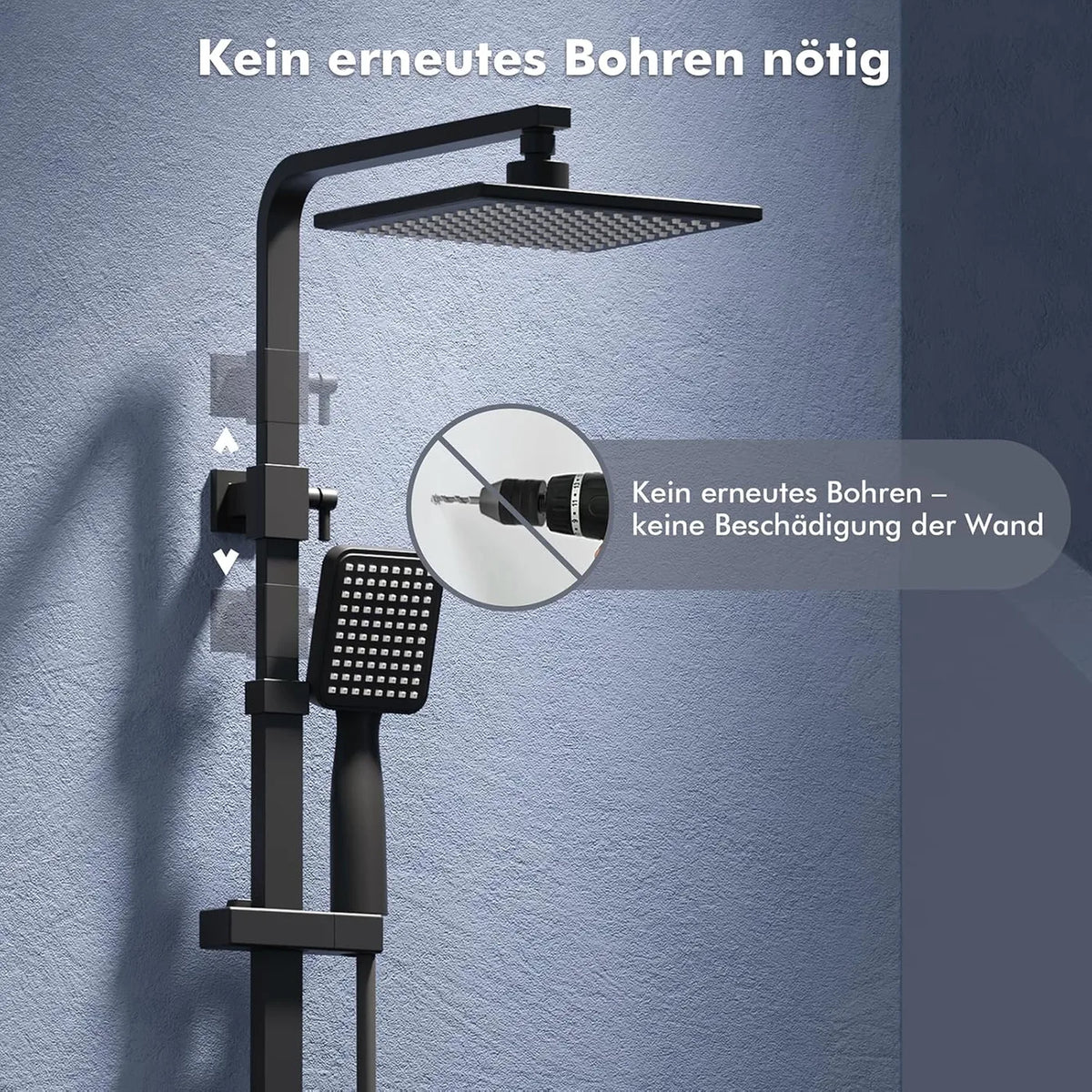 Ensemble de douche à effet pluie Homelody sans thermostat - Douche de tête carrée 20 x 20 cm - Barre de douche réglable de 73 à 115 cm - Noir