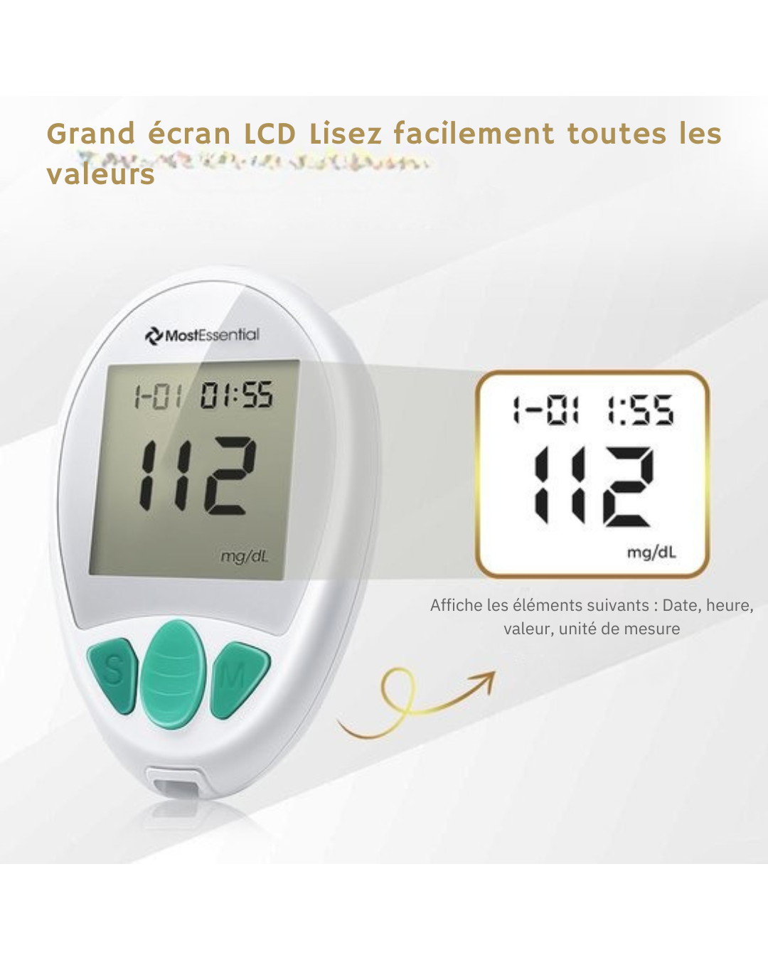 Glucomètre MostEssential - Lecteur de Glycémie Rapide – Résultat en 5s – Mémoire 512 Mesures – Kit Complet